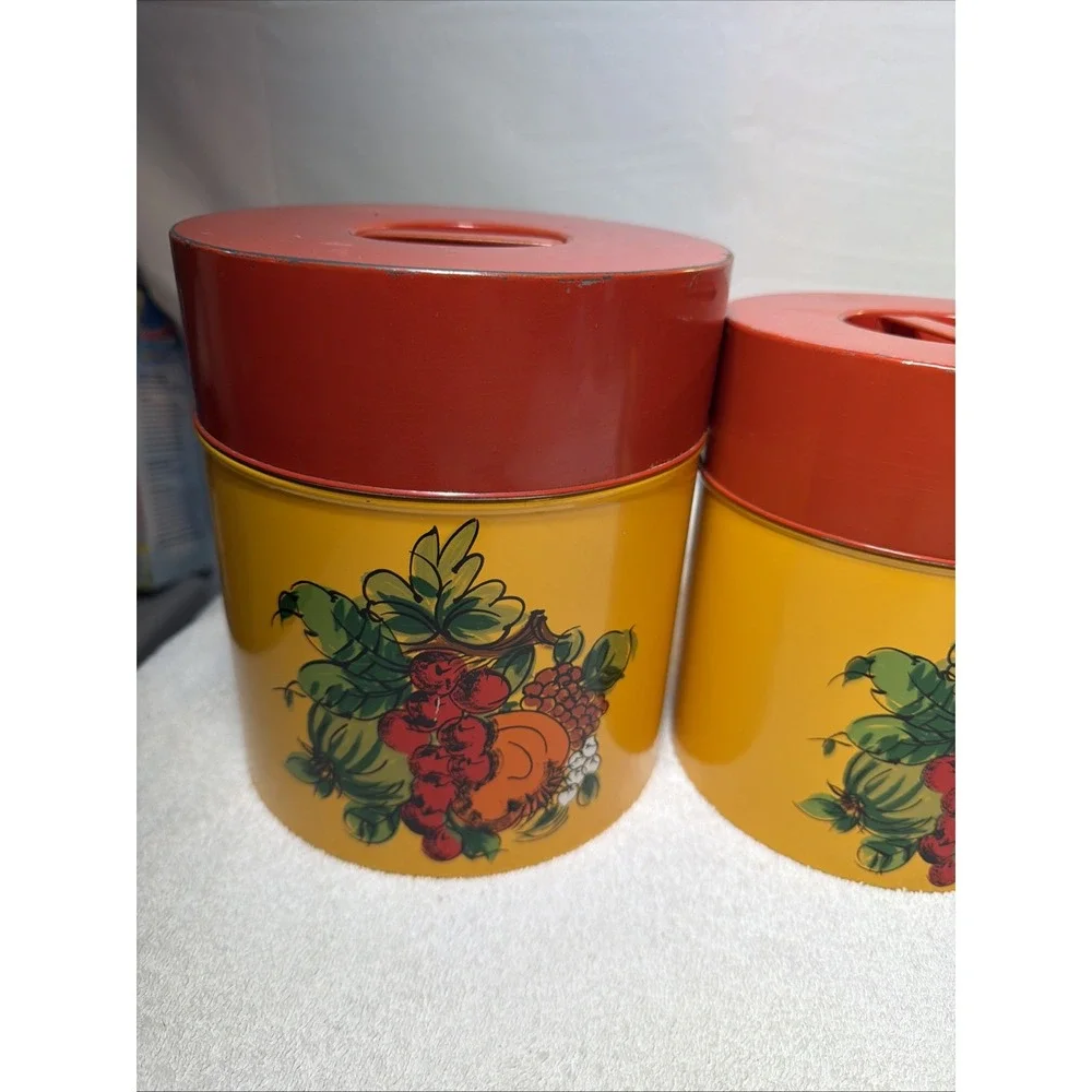 Vintage/Retro Metal Canister Set 4pc Yellow/Red Floral w/ Lids 16 oz